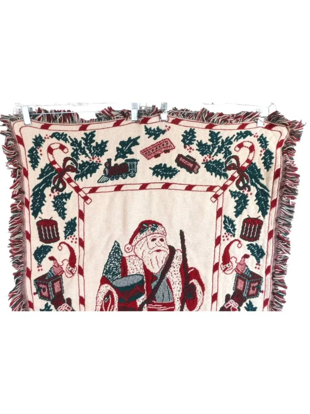 Vintage Santa Claus Woven Tapestry Throw Lap Blanket With Fringe 48
